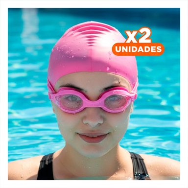 PACK2 JUEGO DE NATACION ROSADO CON LENTES Y GORRO PARA USO CONTINUO Y+REGALO STICKER