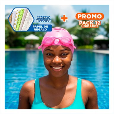 PACK12 LENTES Y GORRO ROSADO PARA ACTIVIDAD ACUATICA EN VERANO Y+PAPEL REGALO