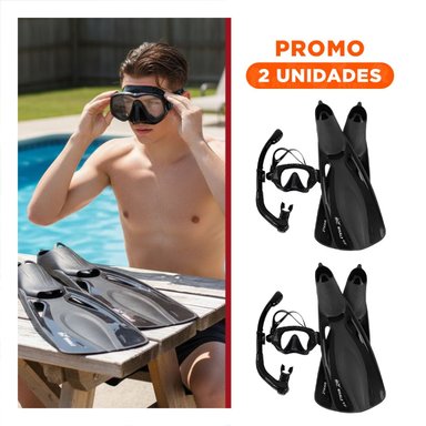 PACK2 SET DE NATACION Y BUCEO 3 PCS TALLA L NEGRO CON ALETAS LENTES Y SNORKEL PARA AGUA
