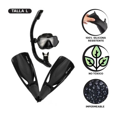 PACK2 SET DE NATACION Y BUCEO 3 PCS TALLA L NEGRO CON ALETAS LENTES Y SNORKEL PARA AGUA - 4