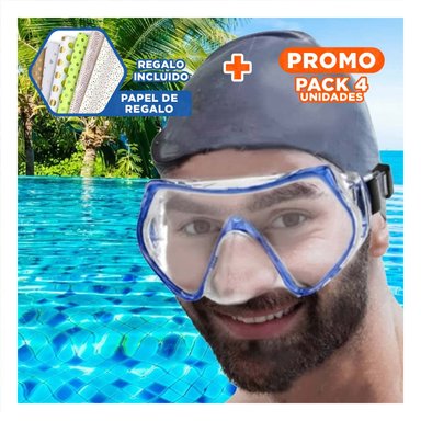 PACK4 EQUIPO DE BUCEO AZUL CON LENTE DE VIDRIO PARA USO EN COSTA Y+PAPEL REGALO