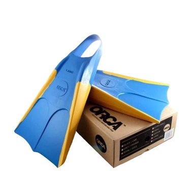 SOLUCION ACUATICA ORCA CON ALETAS DE CAUCHO DURADERO AZUL AMARILLO Y+PAPEL REGALO