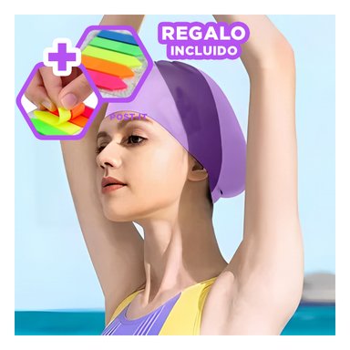 PACK3 GORRO DE NATACION DE COLOR LILA Y+BANDERITAS ADHESIVAS