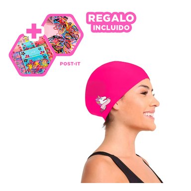 PACK12 GORRO DE NATACION EN ROSADO Y+BANDERITAS ADHESIVAS