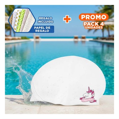 PACK4 GORRO DE SILICONA PARA PISCINA CON DISENO UNICORNIO Y AJUSTE SUAVE Y+PAPEL REGALO