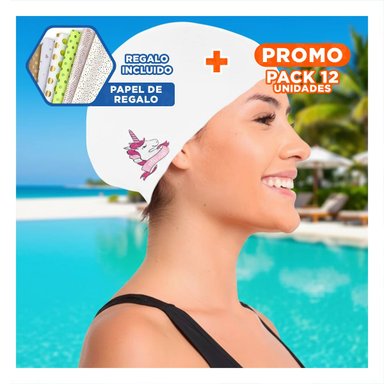 PACK12 GORRO DE SILICONA BLANCO PARA PISCINA INFANTIL CON AJUSTE COMODO Y+PAPEL REGALO