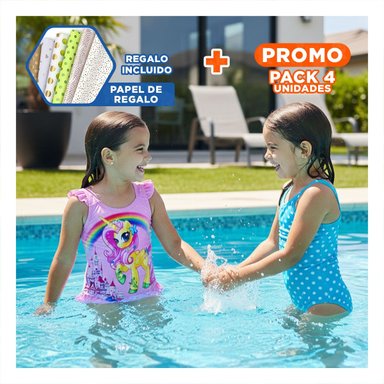 PACK4 ATUENDO DE NATACION INFANTIL PARA NINAS ROSADO PARA PISCINA Y+PAPEL REGALO