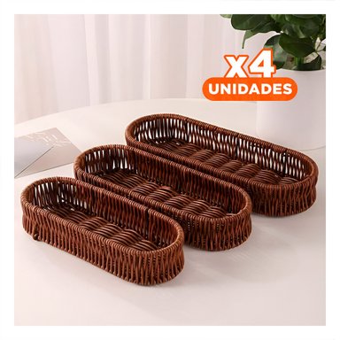 PACK4 BANDEJA TEJIDA MULTIUSO OVALADA COLOR MARRON PARA ORDEN DIARIO EN HOGAR