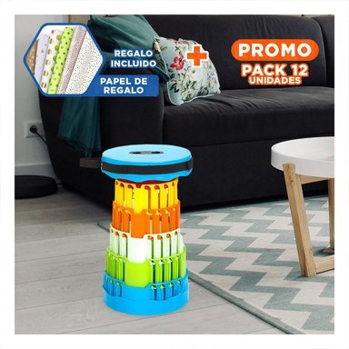 PACK12 BANQUETA PLEGABLE CON 2 SEGUROS PRACTICOS TAPA CELESTE MULTICOLOR Y+PAPEL REGALO