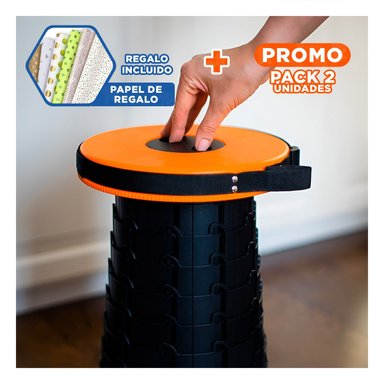 PACK2 BANQUETA COMPACTA PLEGABLE 2 SEGUROS PORTATILES DISENO NARANJA NEGRO Y+PAPEL REGALO