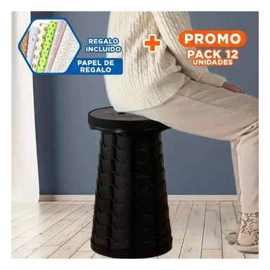PACK12 BANQUETA COMPACTA CON SEGURO PORTATIL PARA USO DIARIO O EVENTOS NEGRO Y+PAPEL REGALO