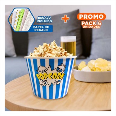 PACK6 BALDE VASO POPCORN EN AZUL Y+PAPEL DE REGALO