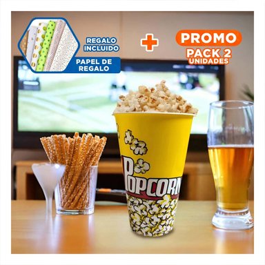 PACK2 CUBETA LLAMATIVO POPCORN AMARILLO Y+PAPEL DE REGALO