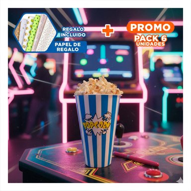 PACK6 RECIPIENTE VASO POPCORN EN AZUL Y+PAPEL DE REGALO