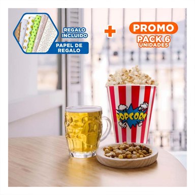 PACK6 RECIPIENTE VASO POPCORN EN ROJO Y+PAPEL DE REGALO