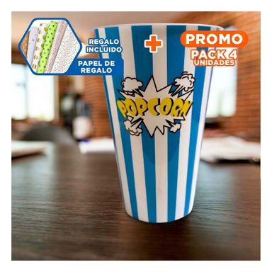 PACK4 RECIPIENTE POPCORN FAMILIAR EN AZUL Y+PAPEL DE REGALO