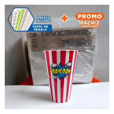 PACK2 CUBETA LLAMATIVO POPCORN ROJO Y+PAPEL DE REGALO