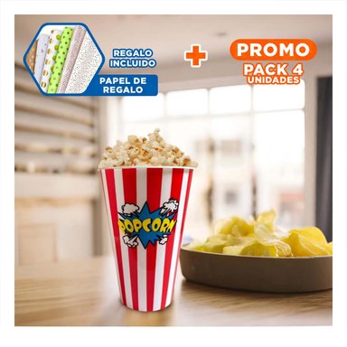 PACK4 RECIPIENTE POPCORN FAMILIAR EN ROJO Y+PAPEL DE REGALO