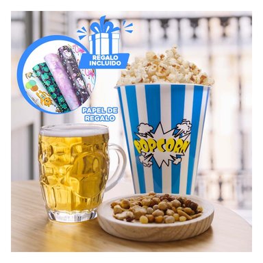 CUBETA GRANDE DE PALOMITAS EN AZUL Y+PAPEL DE REGALO
