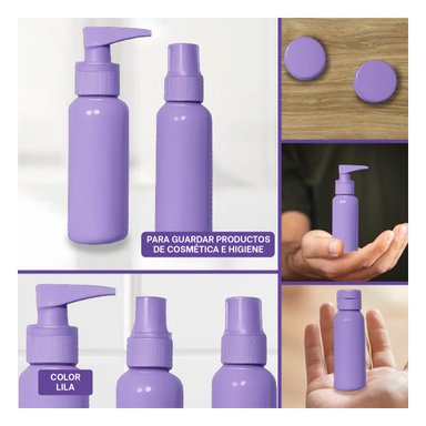 PACK6 BOTELLAS PORTATIL DE COSMETICO LILA Y+REGALO STICKERS