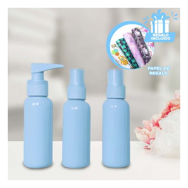 BOTELLAS PORTATILES DE COSMETICOS CELESTE Y+PAPEL DE REGALO