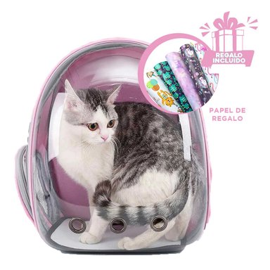 MOCHILA DE TRANSPORTE DE GATO EN ROSADO Y+PAPEL DE REGALO