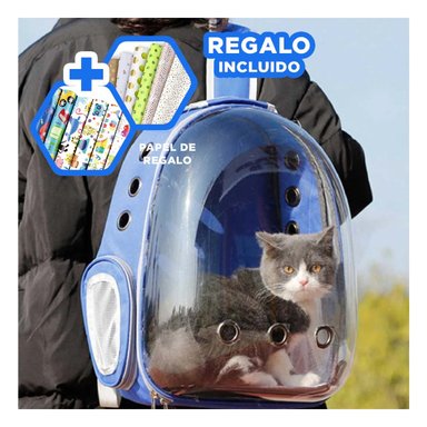 MOCHILA DE TRANSPORTE DE GATO EN AZUL Y+PAPEL DE REGALO