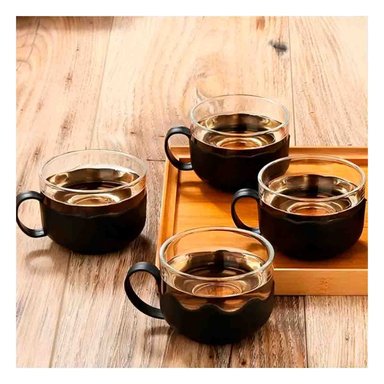 PACK6 TETERA DE CRISTAL DE 1000ML CON 4 TAZAS DE 150ML BASE ONDEADO NEGRO Y+REGALO STICKER - 3