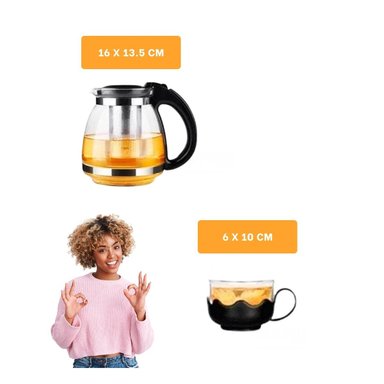 PACK6 TETERA DE CRISTAL DE 1000ML CON 4 TAZAS DE 150ML BASE ONDEADO NEGRO Y+REGALO STICKER - 4