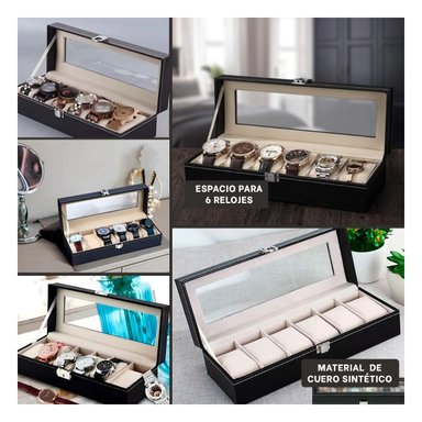 PACK4 CAJA NEGRO 6 RANURAS PARA RELOJ CON COMPARTIMENTOS Y+REGALO STICKER - 2