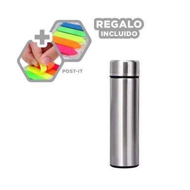 BOTELLA DE ACERO Y PORTATIL PLATEADO Y+BANDERITAS ADHESIVAS