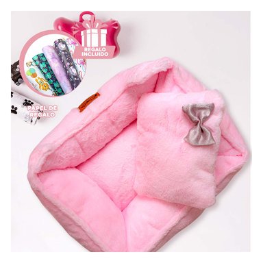 CAMA CON BORDE ELEVADO PARA PERRO ROSA Y+PAPEL DE REGALO