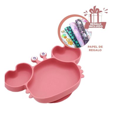 PACK4 VAJILLA UTIL PARA BEBE EN ROSA OSCUR Y+PAPEL DE REGALO