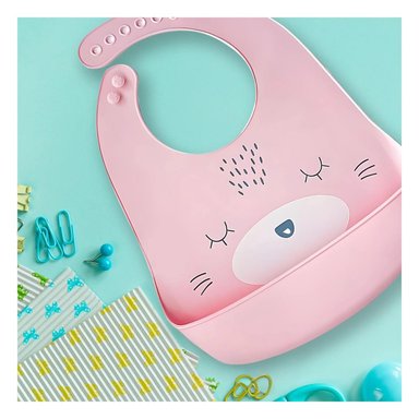PACK2 BABERO DE SILICONA INFANTIL CON ESTAMPADO EN ROSADO