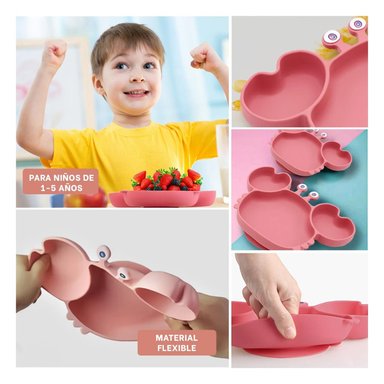 PACK6 VAJILLA PARA BEBE DE FORMA CANGREJO EN ROSA OSCURO