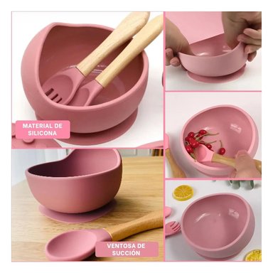 PACK4 KIT DE UTENSILIO DE BEBE ROSA OSCURO Y+PAPEL DE REGALO