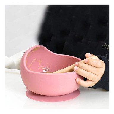 PACK6 PLATO CUENCO DE SILICONA Y CUCHARA DE BEBE EN ROSADO