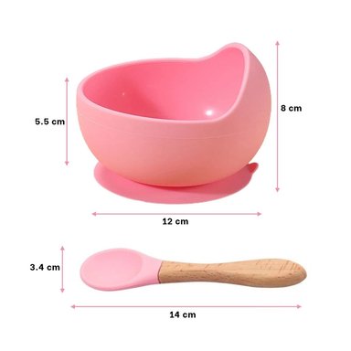 PACK2 PLATO CUENCO DE SILICONA Y CUCHARA DE BEBE EN ROSADO