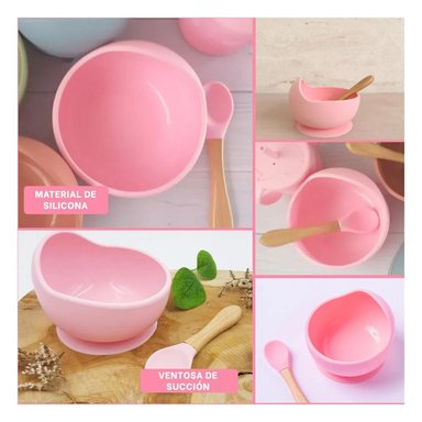 PACK4 PLATO CUENCO DE SILICONA Y CUCHARA DE BEBE EN ROSADO