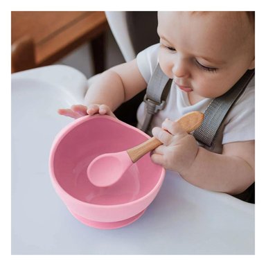 PACK12 PLATO CUENCO DE SILICONA Y CUCHARA DE BEBE EN ROSADO