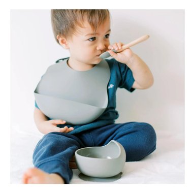 PACK2 PLATO CUENCO DE SILICONA Y CUCHARA PARA BEBE PLOMO