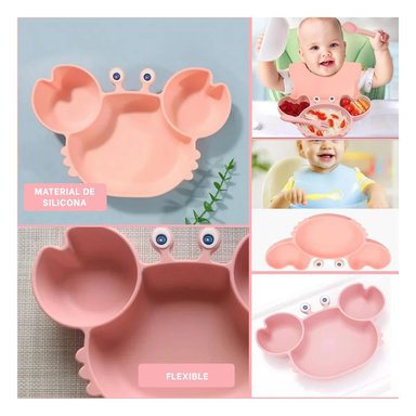 PACK6 VAJILLA PARA BEBE DE FORMA CANGREJO EN ROSADO