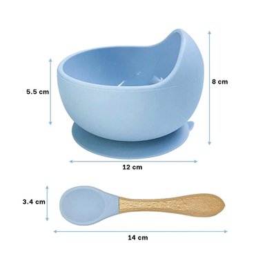 PACK2 PLATO CUENCO DE SILICONA Y CUCHARA PARA BEBE CELESTE