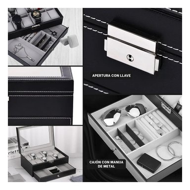 PACK2 COFRE DE JOYAS 2 NIVELES PARA 12 RELOJES PULSERAS Y ANILLOS Y+PAPEL REGALO - 3