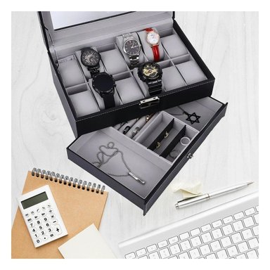 PACK2 COFRE ORGANIZADOR NEGRO CON 2 NIVELES PARA 12 RELOJES PULSERAS - 2