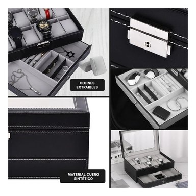 PACK4 BAUL ORGANIZADOR NEGRO 2 NIVELES PARA 12 RELOJES PULSERAS Y+REGALO STICKER - 2