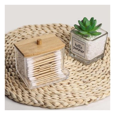 PACK4 FRASCO TRANSPARENTE DE ACRILICO CON TAPA DE MADERA PARA HISOPOS Y+PAPEL REGALO - 2