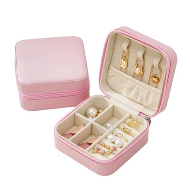 JOYERO MINI CON COMPARTIMENTOS CON CIERRE Y PORTATIL ROSADO