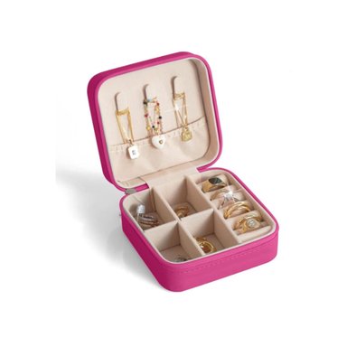 JOYERO MINI CON DIVISIONES CON CIERRE Y PORTABLE FUCSIA