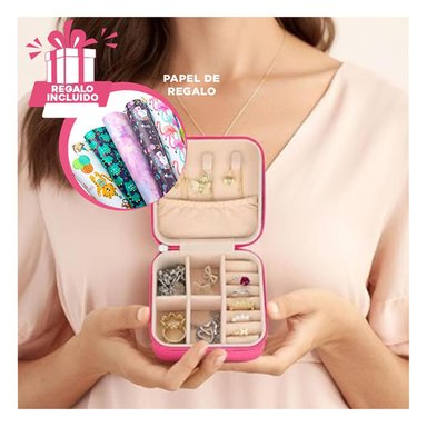 JOYERO PORTABLE CON ESPACIOS FUCSIA Y+PAPEL DE REGALO